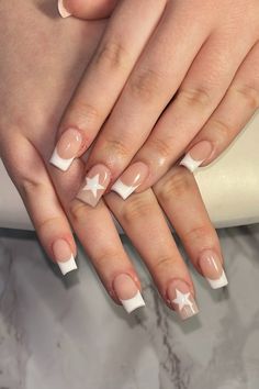 frenchie star gel-x set !  #gelxnails #gelx #whitenails #frenchtip #frenchtipnails #smallbusiness #nycnails #nycnailtech #glossynails #nudenails #trendyreels #starnails #summernails #springnails #springset #winternails French Tip Cute Design, Square Fence Tip Nails, Homecoming Nail Inspo Short, Star Inspo Nails, Cute Nail French Tips, Nail Inspo Trendy French Tip, Star Swirl Nails, Cute Nails White French Tip, Nail Inspiration Square Short