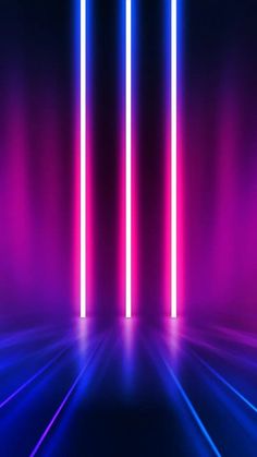 an image of neon lights that are in the middle of a dark room with blue and pink lighting