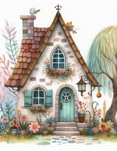 a watercolor painting of a house with flowers and plants on the front door, next to a tree