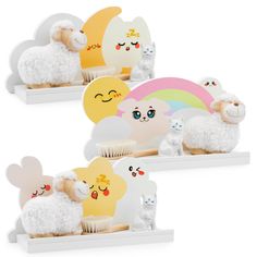 there are three sheep and two cats on the shelves with rainbows in the background