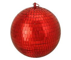 a shiny red disco ball ornament hanging from a hook on a white background