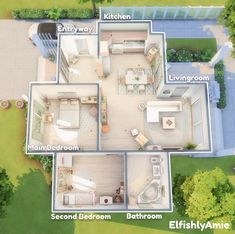 an aerial view of a bedroom and living room in a house with the floor plan drawn out