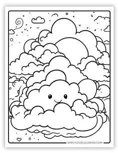 a cloud with sun and clouds in the sky coloring page for kids to color on