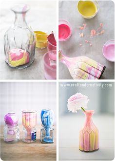 four different shots of vases with flowers in them and some other things on the table