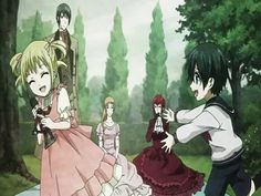 an anime scene with four people dressed in different outfits, and one person standing on the ground