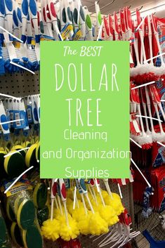 the best dollar tree cleaning and organization supplies in store with text overlay that reads, the best dollar tree cleaning and organization supplies