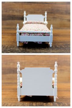 two pictures of a dollhouse bed with flowers on the headboard and foot board