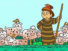 a cartoon character standing in front of a herd of sheep with a shepherd holding a stick