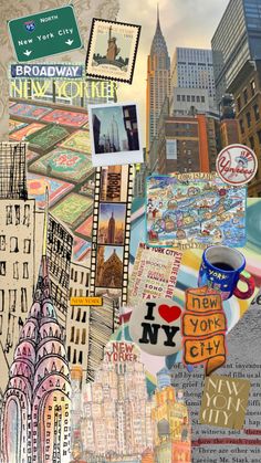 a collage of photos and stickers in the shape of new york city, usa