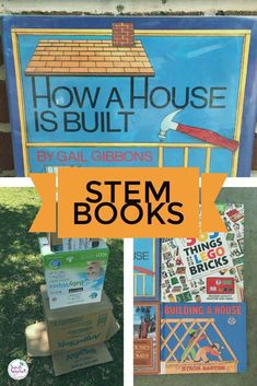 several books are stacked on top of each other in front of a sign that says how a house is built