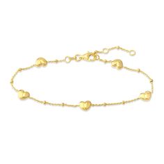 Playful puffy hearts and dazzling beads brighten shimmering stations around this meaningful semi-solid women's bracelet. Fashioned in 14K yellow gold, the adjustable 6.8-inch cable chain secures in place with a lobster clasp. Dainty Yellow Gold Bracelet With Heart Beads, Station Bracelet, Jared The Galleria Of Jewelry, Puffy Heart, Cable Chain, Fashion Bracelets, Womens Bracelets, Lobster Clasp, Gold Bracelet