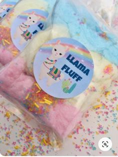 llama fluff and rainbow sprinkles are packaged in plastic bags