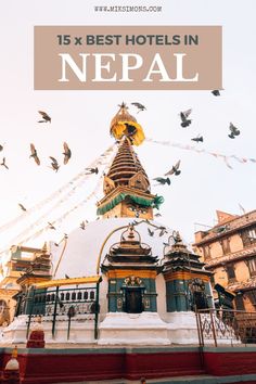 birds flying over the top of a building with text that reads 15 best hotels in nepal