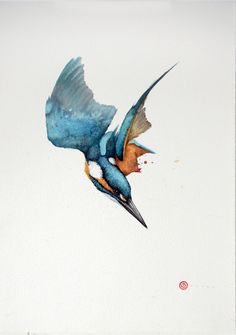 a watercolor painting of a blue bird flying in the air with its beak open