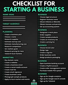 a checklist for starting a business on a black background with green text and icons