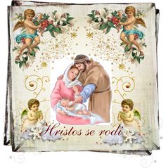 a christmas card with an angel holding a baby