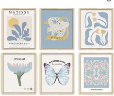 six framed art prints in different colors and sizes, each with a butterfly on it