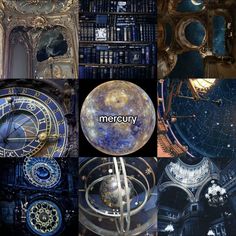 there are many different clocks in this collage with the words mercuy on them