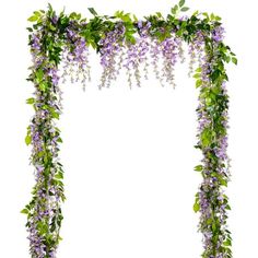 purple flowers and greenery are hanging over the top of an arch