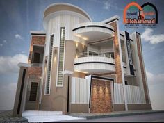 this is an architectural rendering of a modern house with spiral staircases and balconies