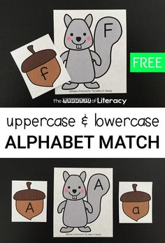 the uppercase and lowercase alphabet match is shown with pictures of squirrels, an apple