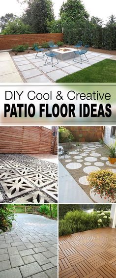 the different types of patio flooring are shown in this collage with text that reads diy cool and creative patio floor ideas