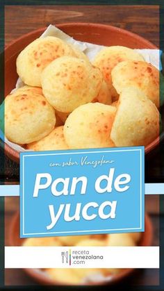 a bowl filled with food on top of a blue and white sign that says pan de yuca