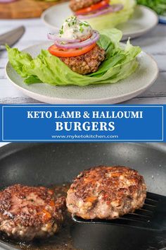 two hamburger patties being cooked in a skillet with lettuce and tomatoes