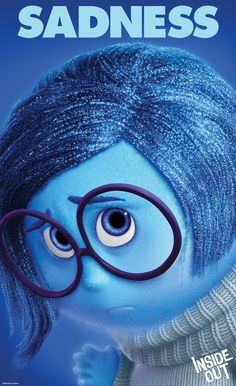 the movie poster for inside out starring an animated character with glasses and blue hair, in front of a blue background