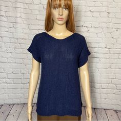 Knit Short Kimono Sleeve Navy Color Back Button Decor 62% Acrylic, 38% Nylon Size S Length: 24'', Pit To Pit: 19'' New With Tag B-5(10) Casual Open Knit Tops For Work, Casual Blue Textured Knit Top, Blue Pointelle Knit Top, Blue Stretch Knit Top, Blue Open Knit Top, Blue Casual Knit Top For Work, Casual Blue Knit Top For Work, Green Lace Blouse, Lace Top Blouse