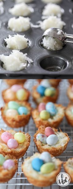 there are many small cupcakes with eggs in them on the baking rack and one is filled with marshmallows