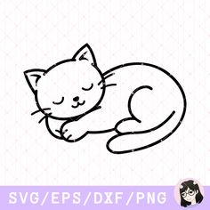 a black and white cat sleeping on top of a purple background with the text svg / eps / dxf / png