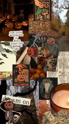 halloween collage with pumpkins, candles and other items on it's surface