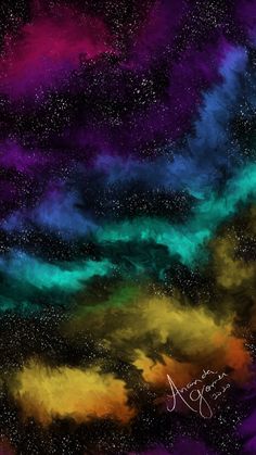 an abstract painting of colorful clouds and stars