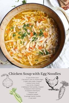 chicken soup with egg noodles in a pan