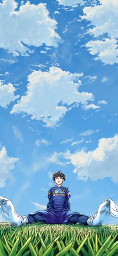 an anime character sitting in the grass with his feet up and eyes closed, looking at the sky