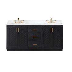 a double sink vanity with two gold faucets