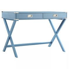 a blue desk with two drawers on the top and one drawer at the bottom that is open