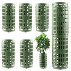 six green trash cans with a plant in one and several smaller ones on the other