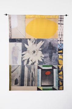 an abstract collage with flowers and other things on it's side, including a yellow balloon