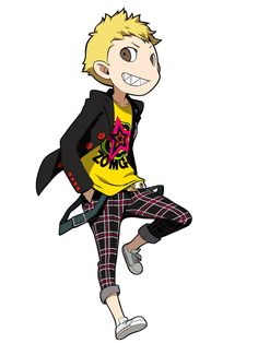 a drawing of a person in plaid pants and a yellow t - shirt with an angry face