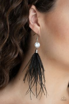 Feathered Flamboyance - Black Feather & Rhinestone Earrings - Paparazzi Paparazzi Jewelry Images, Paparazzi Accessories Jewelry, Paparazzi Accessories, Black Feathers, White Rhinestone, Black Earrings, Chic Jewelry, Earring Sale, Paparazzi Jewelry