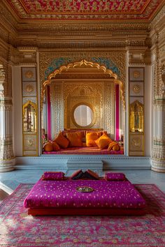 an elaborately decorated room with pink and gold furniture