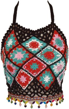 A crochet bohemian sleeveless halter top in black base and red and green pattern. The top hugs from the waist up and gives a fit look. #tlb #Sleeveless #CrochetClothing #beachwrap Black Sleeveless Halter Top For Festival, Bohemian Black Halter Top For Festivals, Black Bohemian Tank Top, Black Bohemian Halter Top, Multicolor Sleeveless Crochet Top For Vacation, Green Sleeveless Crochet Top For Vacation, Red Halter Neck Tank Top For Beach, Red Halter Neck Tank Top For The Beach, Red Sleeveless Crochet Top