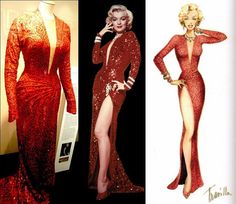 two pictures of marilyn monroe in red dresses and one is wearing a high slit dress