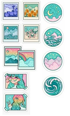 some stickers that have different designs on them