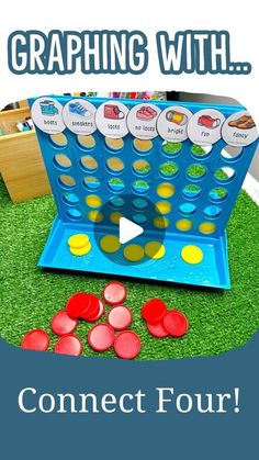 a game that is sitting on the grass with words reading graphing with connect four