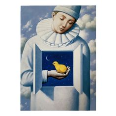 a painting of a person holding a yellow bird