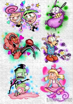 cartoon characters with different colors and designs on them, including one girl in the middle