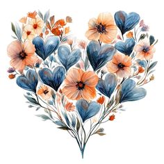 watercolor painting of flowers in the shape of a heart on white background stock photo